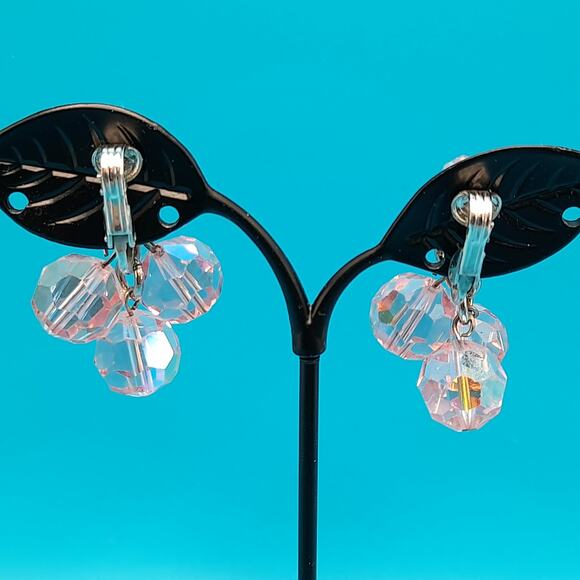 Vintage Light Pink Crystal Earrings, Clip Clasps, Silver Tone - Picture 6 of 8